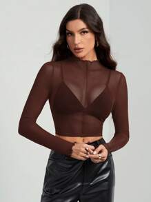 SHEIN Tall Áo cánh lưới xuyên thấu gợi cảm tay dài màu trơn cho nữ - màu nâu - Xem 4