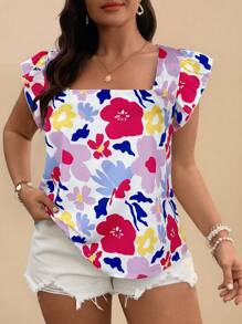 SHEIN VCAY Plus Size Floral Print Cropped Sleeve Square Neck Blouse
