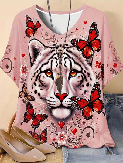 SHEIN LUNE Plus Size Women Tiger Head Printed V-Neck Short Sleeve T-Shirt, Fashionable