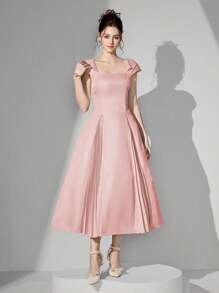 Poshira 女士纯色方领插肩袖褶饰优雅晚礼服（华丽装饰）、派对礼服、舞会礼服 - 粉色 - 查看 6