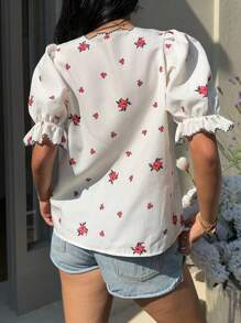 SHEIN Frenchy Women's Summer Vintage Off-White Floral Print Elegant Shirt,Tea Party Vacation Wave Trim Embroidery Bubble Sleeve Faux Pearl Button Loose Fit Tops - White - View 2