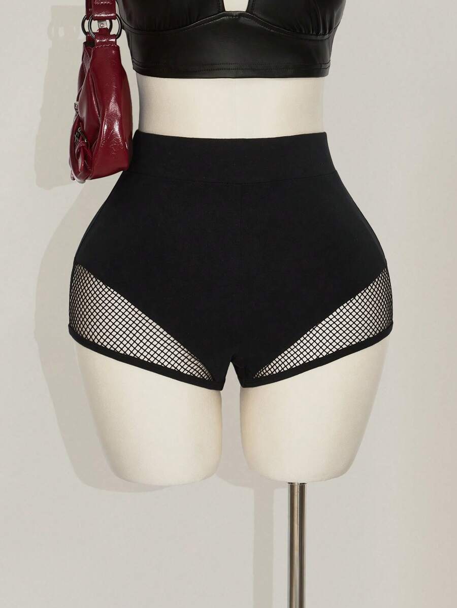 SHEIN ICON 大码黑色纯色渔网短裤
