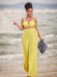 Maweii Plus Size Casual Solid Color Hollow Lace-Up Backless Jumpsuit - Yellow - View 4