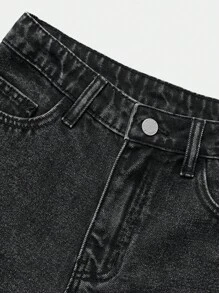 SHEIN 少女休闲破洞卷边牛仔短裤 - 黑色 - 查看 3