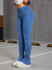 SHEIN ICON Butterfly Print Distressed Women Skinny Stacked Jeans - Medium Wash - View 3