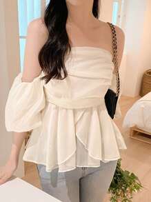 DAZY 女士优雅简约纯色露肩衬衫，荷叶边秋季 - 白色 - 查看 9