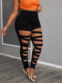 SHEIN SXY 大码性感系带镂空紧身牛仔裤 - 黑色 - 查看 6