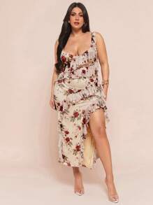 SHEIN BAE 大码女式优雅花卉和网眼荷叶边下摆侧开衩长裙，适合婚礼派对、伴娘、鸡尾酒会/曲线裙/夏威夷女装/长款花卉裙/花卉长裙/春季长裙/及膝裙/曲线沙滩裙/花卉长裙/母亲节/妈妈/母亲/妈妈/母亲节/妈妈/妈妈/母亲节礼物 - 杏色 - 查看 1