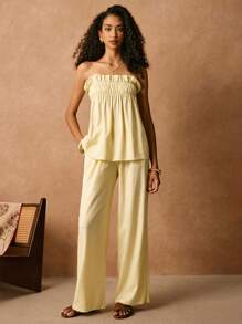 Poéselle Women's Two Pieces Suit, Linen Two Pieces Suit, With Pockets, Yellow Two Pieces Suit 2pcs/Set Vacation Casual Solid Color Bandeau Top And Long Pants Set Tube Top&Baggy Linen Pants Summer Clothes Two Pieces Outfits Summer Women Clothes Summer Two Pieces Outfits Yellow Pants Set, Butter Yellow - Yellow - View 4