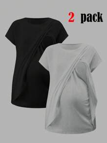 SHEIN Maternity Casual Solid Color Wrap Short Sleeve Nursing T-Shirt, Summer - Grey - View 1