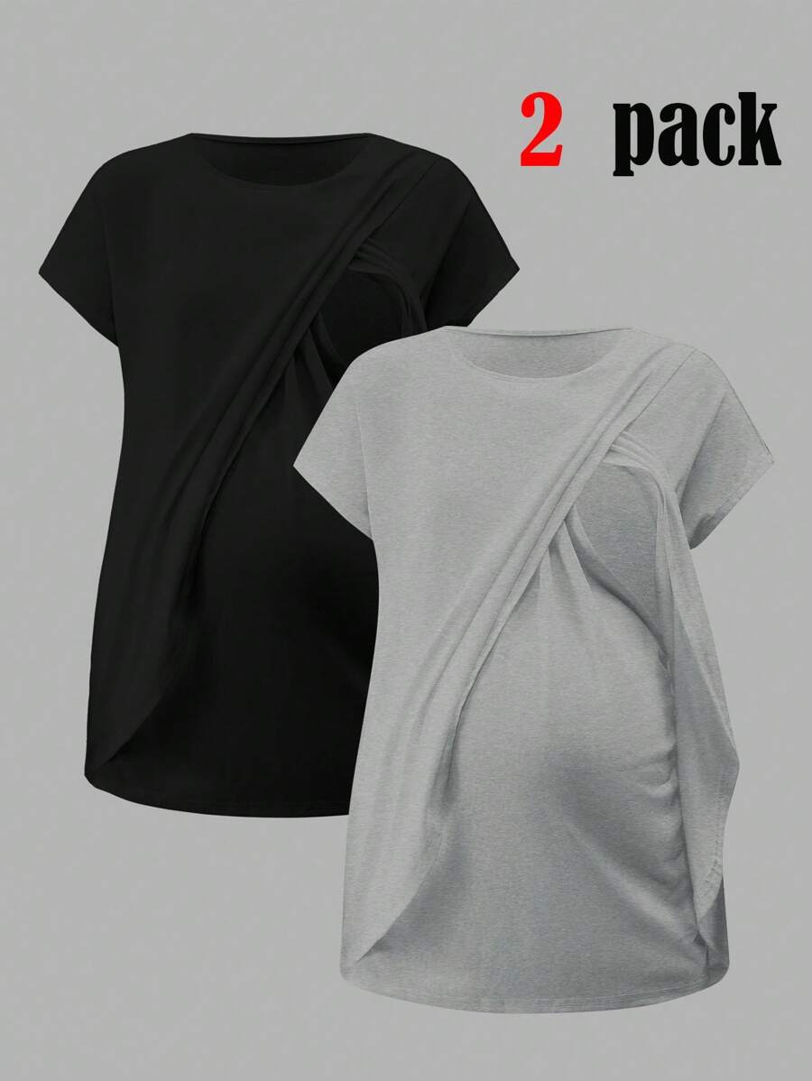 SHEIN Maternity Casual Solid Color Wrap Short Sleeve Nursing T-Shirt, Summer - Grey - View 1