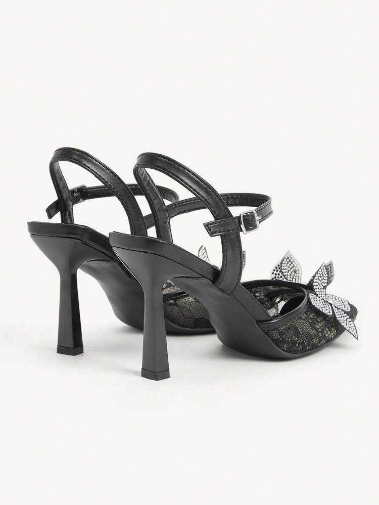 CUCCOO CHICEST Women's Summer Newly Arrived Sparkling Crystal Floral Embroidery Lace Pointy Toe Stiletto High Heel Elegant Glamorous Romantic Black Lace Mesh Lady's High Heel Sandals, Fits For Formal Dress, Afternoon Tea, Date, Party, Wedding