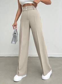 EURMUSE Women's Solid Color Elegant High Waist Long Straight Pants With Pleated And Button Details On Waist