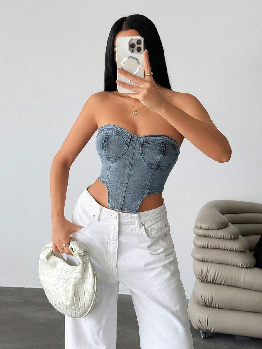 EURMUSE Asymmetric Hem Denim Tube Top, Fashionable For Summer - Medium Wash - View 1