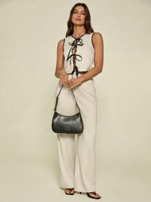 SHEIN Tall Spring And Summer Women's Lace-Up Suit, Contrasting Color Bow, Women's Top & Solid Color Casual Loose Trousers, Women's Two Pieces Set, Daily Casual, Workplace Commuting Wear Ladies' Solid Color Top And Pants Set, Perfect For Vacation/Leisure Time - Apricot - View 4