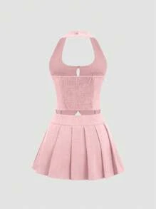 Sweetra Bộ 2 món áo yếm thắt nơ màu trơn và chân váy mini xếp ly cho nữ - Hồng - Xem 2