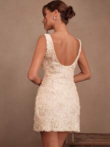 Savoree Beaded Pearl & Floral Embroidered Dress, Elegant, Modest, Suitable For Summer, Festivals, Graduations, Wedding Guests - Apricot - View 4