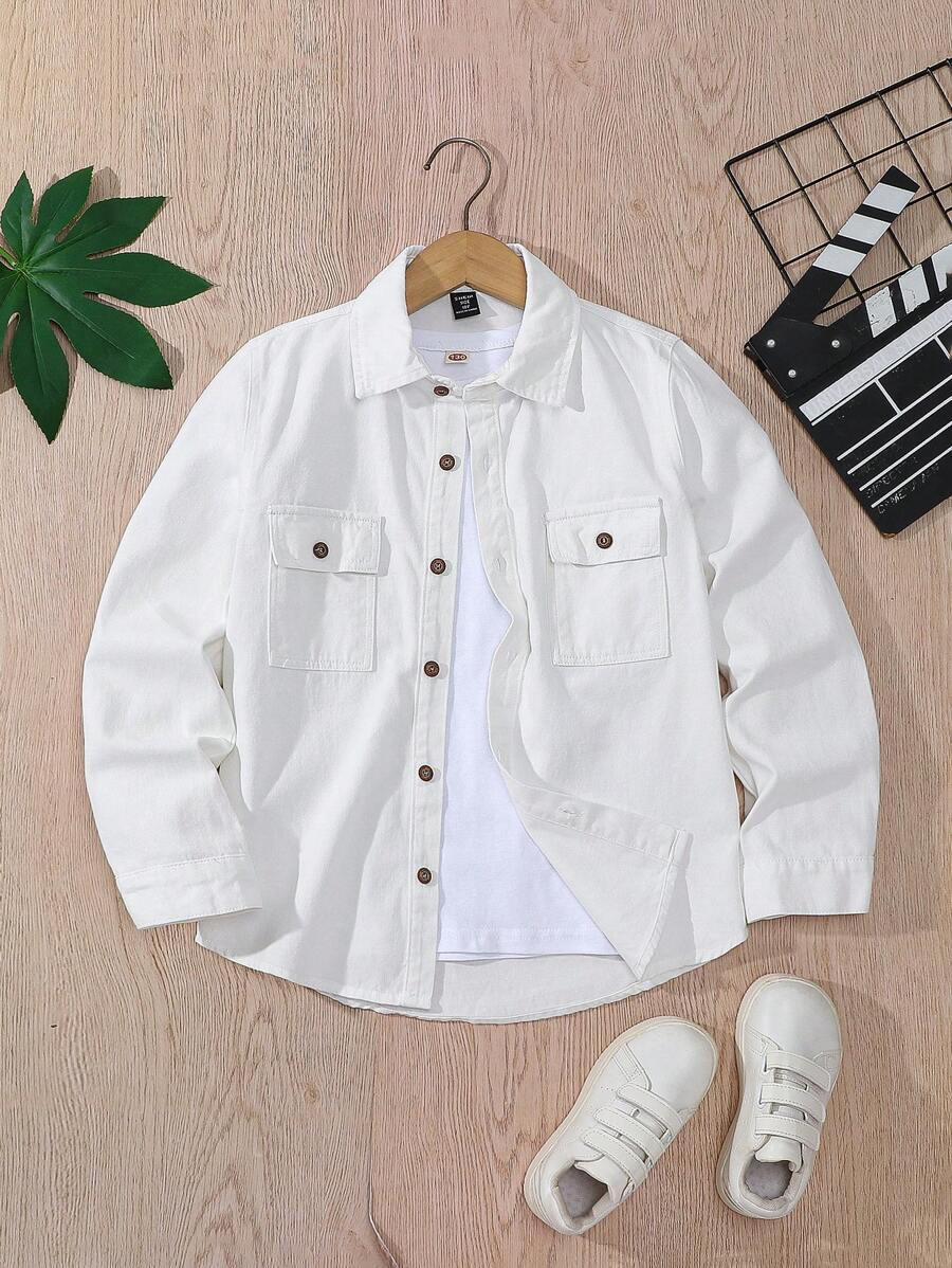 SHEIN 青少年男孩休闲日常正面纽扣贴袋长袖牛仔衬衫 - 白色 - 查看 1