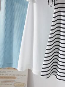 3pcs Girls' Summer Casual Vacation Knit Dress Set,Navy Blue And White Striped & Solid Color,Lightweight Stretchy Short Ruffle Sleeve Regular Style - Multicolor - View 7