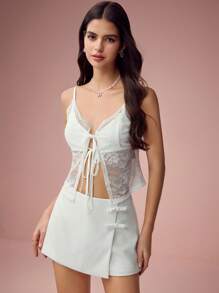 Enchnt 春夏浪漫女士蕾丝系带吊带背心，甜美优雅，适合假日、浪漫约会、日常通勤、度假、毕业季、下午茶、花园派对等场合，夏季女士白色蕾丝吊带背心 - 白色 - 查看 3