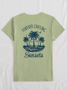 日落海滩棕榈树字母印花短袖圆领 T 恤，适合休闲、户外、度假穿着，适合所有季节 - 軍綠色 - 查看 2