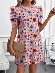 SHEIN Clasi Women's Boho Floral Print Mini Dress With Short Puff Sleeves And Round Neckline - Pink - View 4