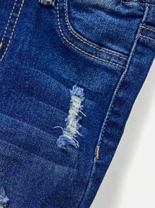 SHEIN Bộ 2 món/bộ quần áo denim dài tay ve rách rách đơn giản cho bé trai và quần jeans bó màu xanh co giãn cao rách rách, đa năng cho trang phục mùa thu và mặc ngoài trời - Rửa tối - Xem 3