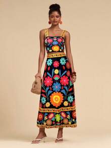 Travachic 女士两件套：印花短款吊带上衣和高腰半身裙，度假风格 - 黑色 - 查看 5