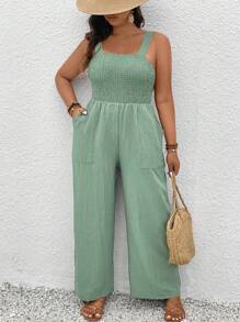 SHEIN Clasi Plus Size Solid Color Simple Fashion Sleeveless Jumpsuit, Suitable For Summer - Green - View 3