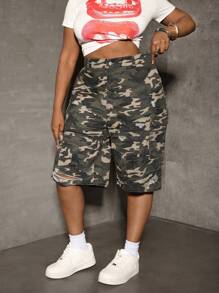 Slaydiva 大码休闲修身工装卡普里短裤，迷彩，全年适用，适合春夏季假期，适合夏季、蓝色夏季、度假女性、复活节、春季、西部、女性办公室、狂欢、婴儿洗礼、乡村核心、乡村女性、老钱风格女性、外出、节日、牛仔竞技、机场牛仔短裤