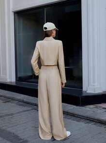 RueChic Double Breasted Crop Blazer & Wide Leg Pants - Beige - View 2