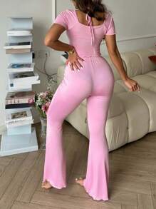 SweetSlumber Sweet Hollow Out Drawstring Neck Top & Pants Women Pajama Set Outfit - Pink - View 2