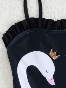 SHEIN 1pc Young Girl Random Printed One-Piece Swimsuit - Black - View 3