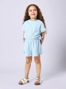 SUMWON Set coordinato da ragazza per l estate, composto da shorts e blusa a maniche corte, con dettaglio a fiocco, ideale per il tempo libero, la spiaggia e le vacanze