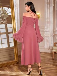 Modelyn Women's Solid Color Halterneck Flare Sleeve Halter Midi Dress, Elegant Wedding Party Dinner Dusty Rose Autumn - Pink - View 2