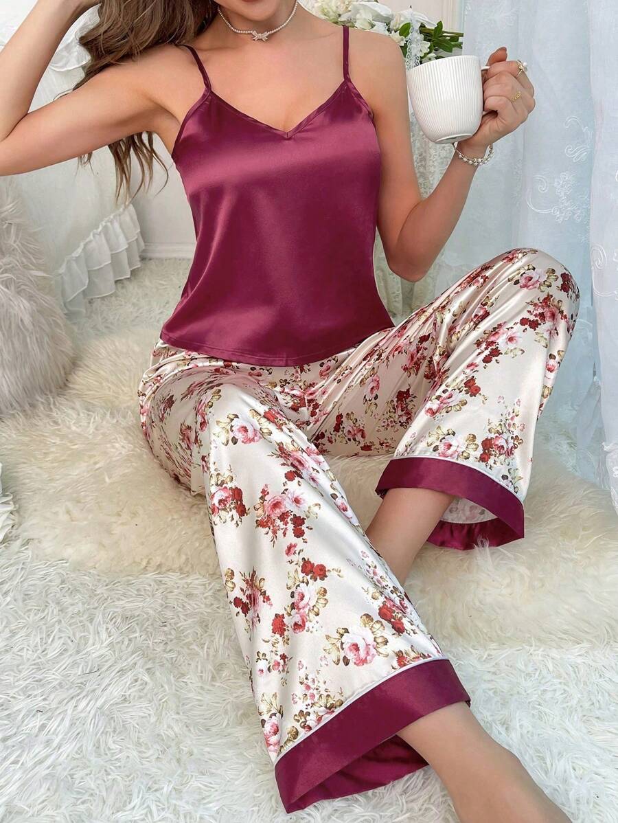 SHEIN Solid Color Camisole & Floral Print Pants Home Pajama Set - Multicolor - View 1