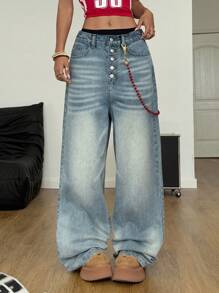 SHEIN Coolane Quần Jeans Ống Rộng Giặt Sạch Đi Chơi Đường Phố Mùa Hè Cho Nữ - Rửa nhẹ - Xem 1