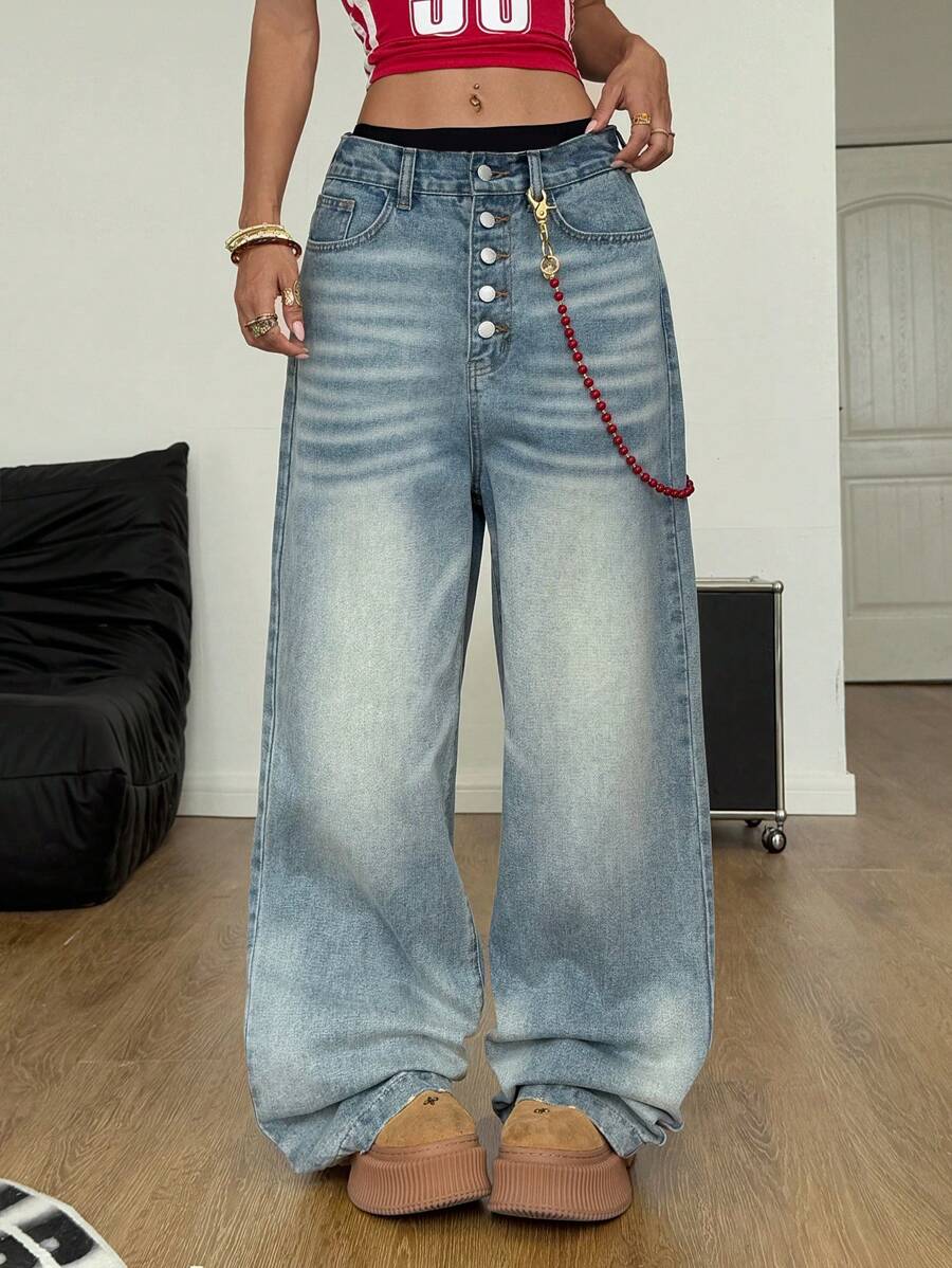 SHEIN Coolane Quần Jeans Ống Rộng Giặt Sạch Đi Chơi Đường Phố Mùa Hè Cho Nữ - Rửa nhẹ - Xem 1