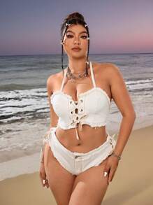 Breezaya Summer Sexy Tie-Up Solid Color Denim Crop Top