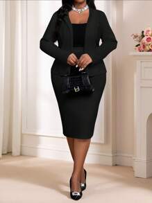 Fleurora  2pcs Plus Size Set, Short Sleeve V-Neck Top & Skirt, Casual & Stylish For Everyday Wear Valentine's Day New Years Women Outfit Wedding Guest Dress Women Sets For Women Valentines Clothes,Valentine's Day For Valentine's Day - Black - View 4