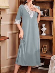 PalaceNights Women's V-Neck Contrast Lace Loose Mid-Length Nightgown, Moo Moo - Dusty Blue - View 6