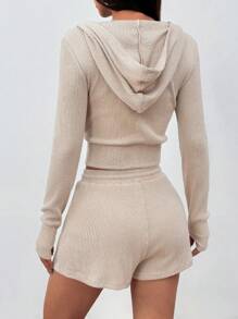 SHEIN Unity Women's  2pcs/Set Apricot Rib Knit Zip Front Hoodie Crop Top And Drawstring Waist Extra Short Shorts, Super Soft & Comfortable Casual Lounge Wear For Women, Spring/Summer - Apricot - View 2