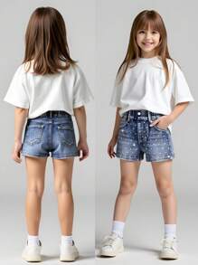Young Girls Cute Vintage Style Washed Denim Elastic Skinny Soft Comfortable Versatile Casual Girl's Denim Shorts - Medium Wash - View 1