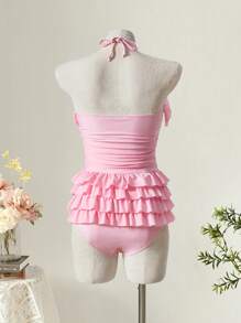 SHEIN MOD 1 件女士多色荷叶边连体泳衣，浪漫风格