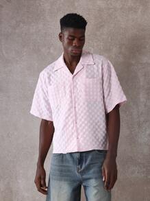 SUMWON Designer Boxy Fit Textured Summer Shirt Cuban Collar Classic Checkerboard Pattern Casual Resort Vacation Button Down Holiday Wear Short Sleeve - Pink - View 1