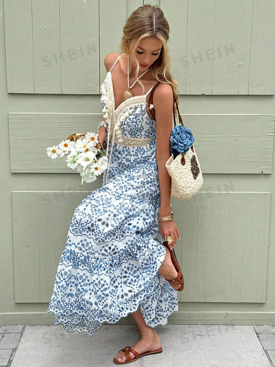 SHEIN Frenchy Vestido largo de mujer con tirantes de espagueti, bordado y encaje en color azul, vestido de mujer para vacaciones de verano y uso diario, vestido de mujer elegante para vacaciones en la playa, vestido largo estampado en azul y blanco, vestido largo estampado en azul celadón, vestido bohemio de mujer para el verano