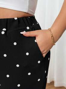 SHEIN CURVE+ 大码女式波尔卡圆点印花休闲裤，带口袋和侧开衩，度假新年女式冬季情人节商务休闲女式飘逸裤，女式夏季，波尔卡圆点 - 黑與白 - 查看 8