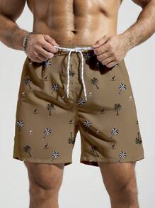 Manfinity Swimmode Men's Vacation Casual Coconut Tree Printed Beach Shorts (Print Randomly) - Coffee Brown - View 3