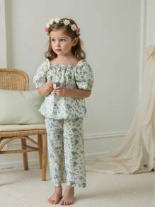 2 件小女孩休闲花卉印花套装，短袖上衣和裤子，舒适家居服套装 - 彩色 - 查看 1