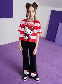 HELLO KITTY AND FRIENDS | SHEIN Tween Girl Cartoon Cat Print Striped Cute Sweet Campus Style Short Sleeve T-Shirt And Black Casual Flare Pants Set - Multicolor - View 4